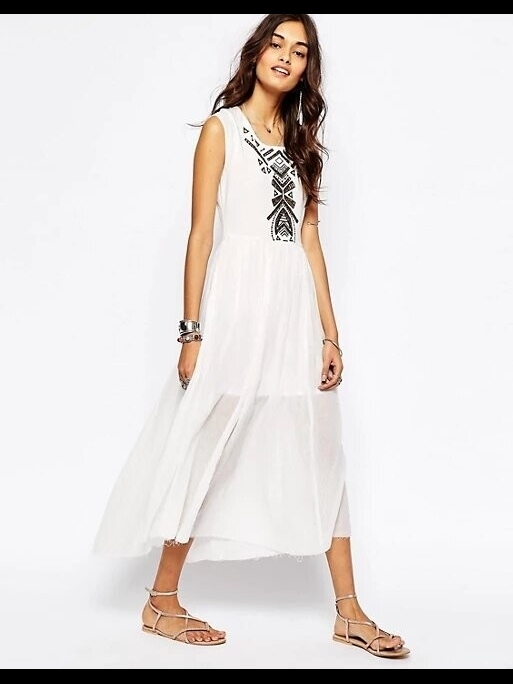 Free People Toosaloosa Slub Meadow Maxi Dress White Boho Embroidered, Small